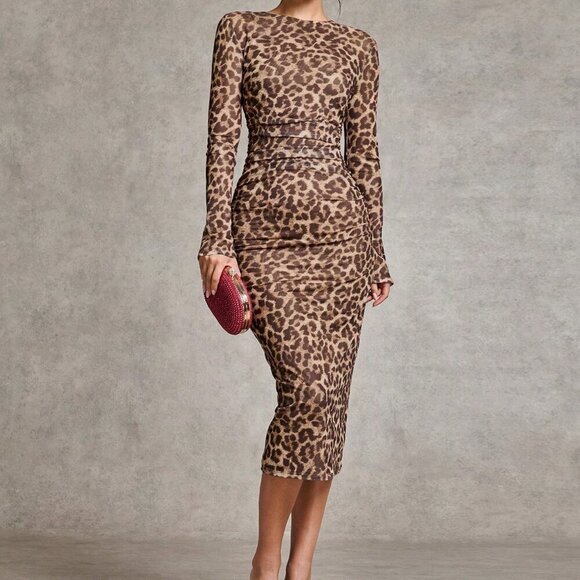 Multicolor Elegant Women's Leopard Print Side Pleated Long Sleeve Dress - Picture 1 of 7